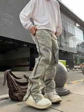 Men Jeans Worn Looking Washed-out Side Zipper Slightly Flared Jeans